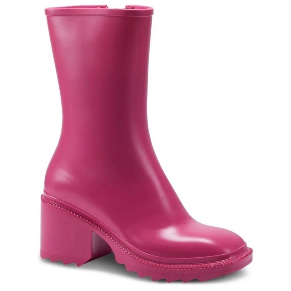 NEW INC Everettp Fuchsia Pink Block Heel Zip-Up Rain Boots Barbie Women's 7 M